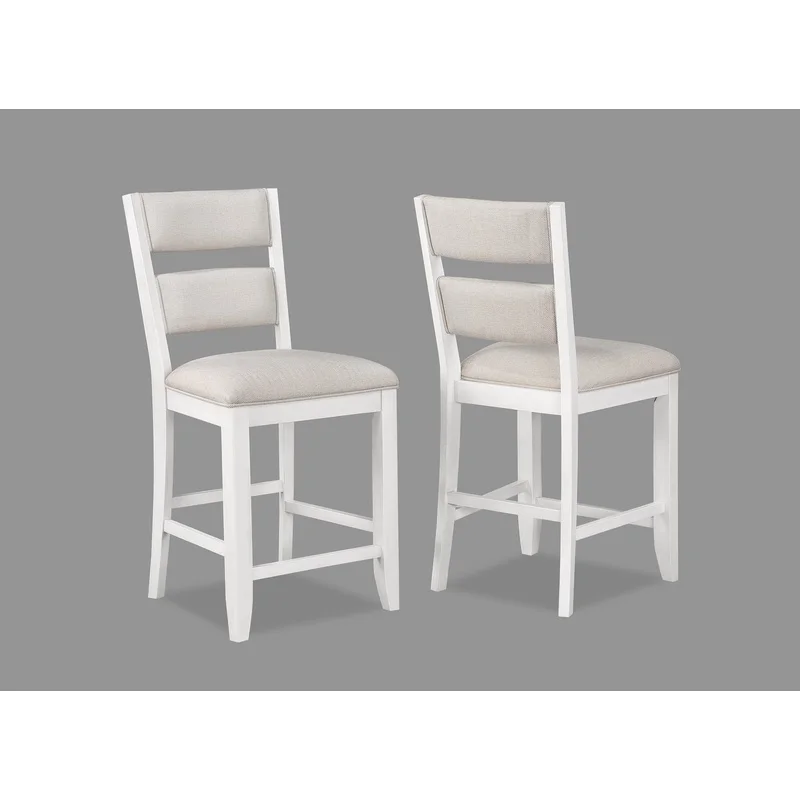 

Cream Upholstered Farmhouse Style Counter Stool with Ladder Back, Wooden Dining Chair for Kitchen or Breakfast Nook