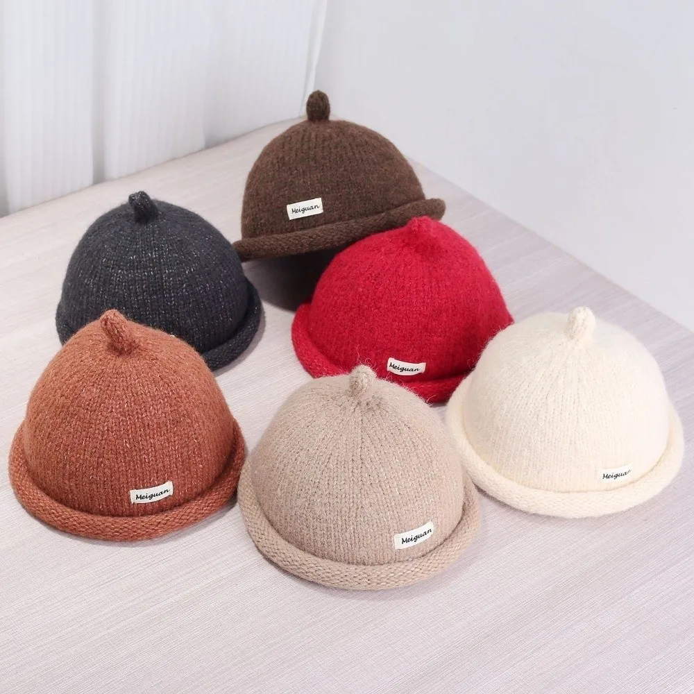 Cute Solid Color Knitted Beanies Cap Rolled Edge Multifunction Melon Skin Hat Beret Keep Warm Pacifier Cap Autumn