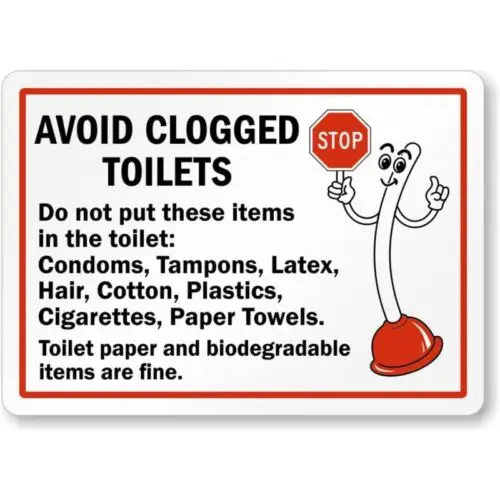 Avoid Clogged Toilets Aluminum Weatherproof Sign p1040