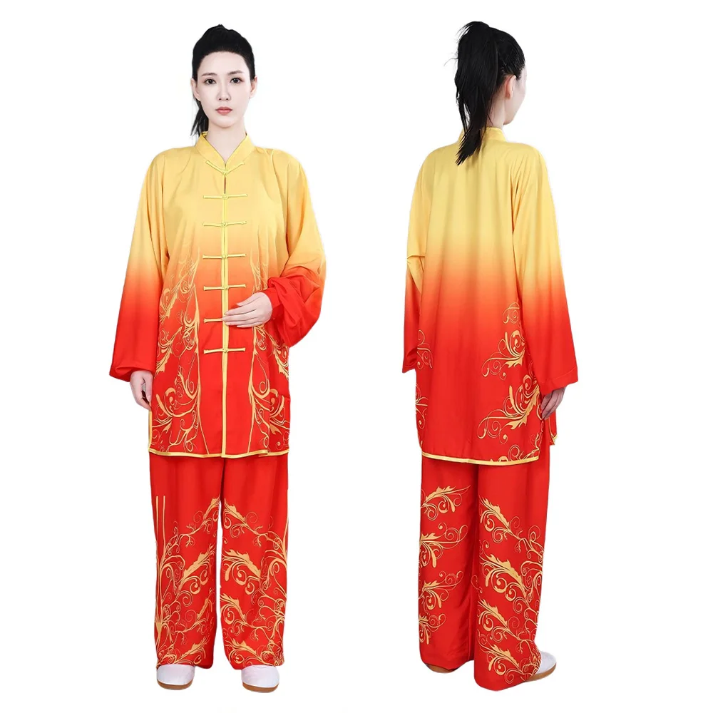 CLYFAN Chinese Gradient Pearl Stretch Cotton Tai Chi Suit Embroidery Unisex Wushu Competition Martial Arts Performance Costume