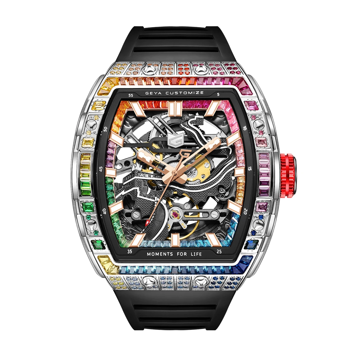 GEYA Automatic Mechanical Men’s Watch, Skeleton Dial with Multi-Color Diamonds Tonneau Stainless Steel Case Analog Watches 78138