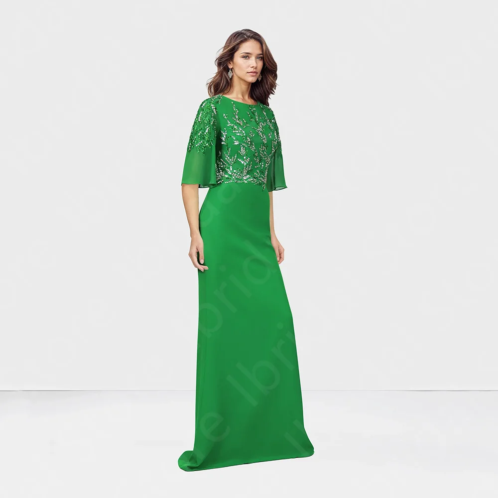 

Customized Arabic Green Evening Dresses Half Sleeves 2024 Prom Gowns Round Neck Beading Sequined Wedding Guest Dress Middle East