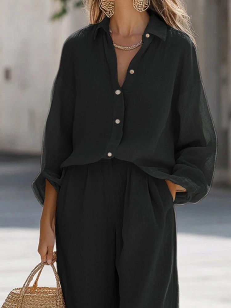 Conjuntos elegantes de lino y algodón para mujer, conjunto de ropa deportiva holgada de Color sólido, camisas informales de manga larga con solapa y pantalones de pierna ancha, novedad de otoño