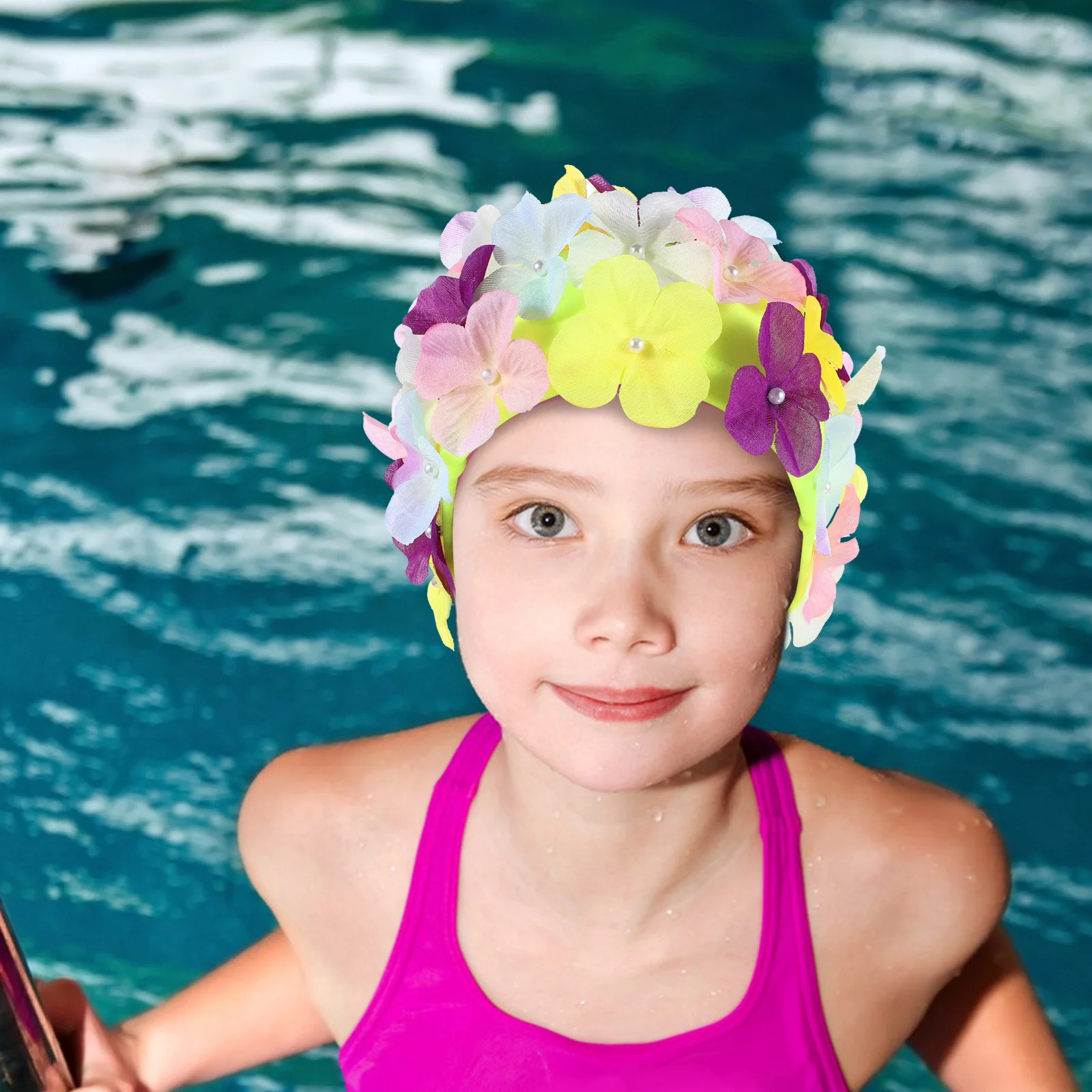 

2Pcs Handmade Floral Swim Caps Women 3D Petal Waterproof Fabric Swimming Hat Comfortable Fit Beach Pool Swim Caps