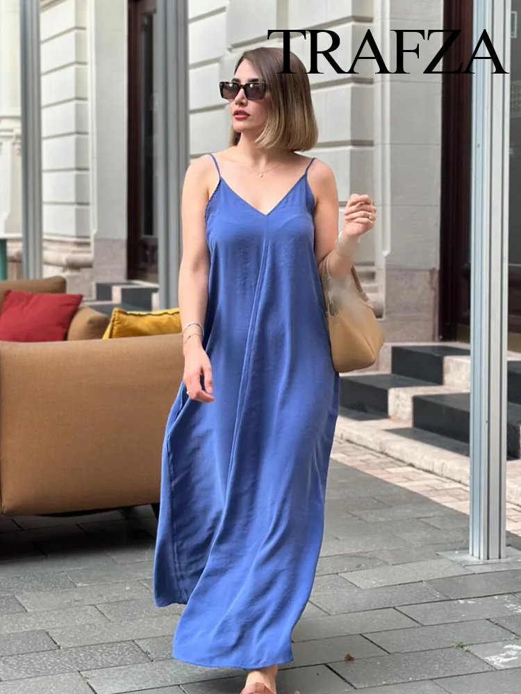 New Summer Fashion Women Dresses Sleeveless Decorative Pleated Dew Shoulder V-Neck Adjustable Thin Sling Long Dress Beachwear