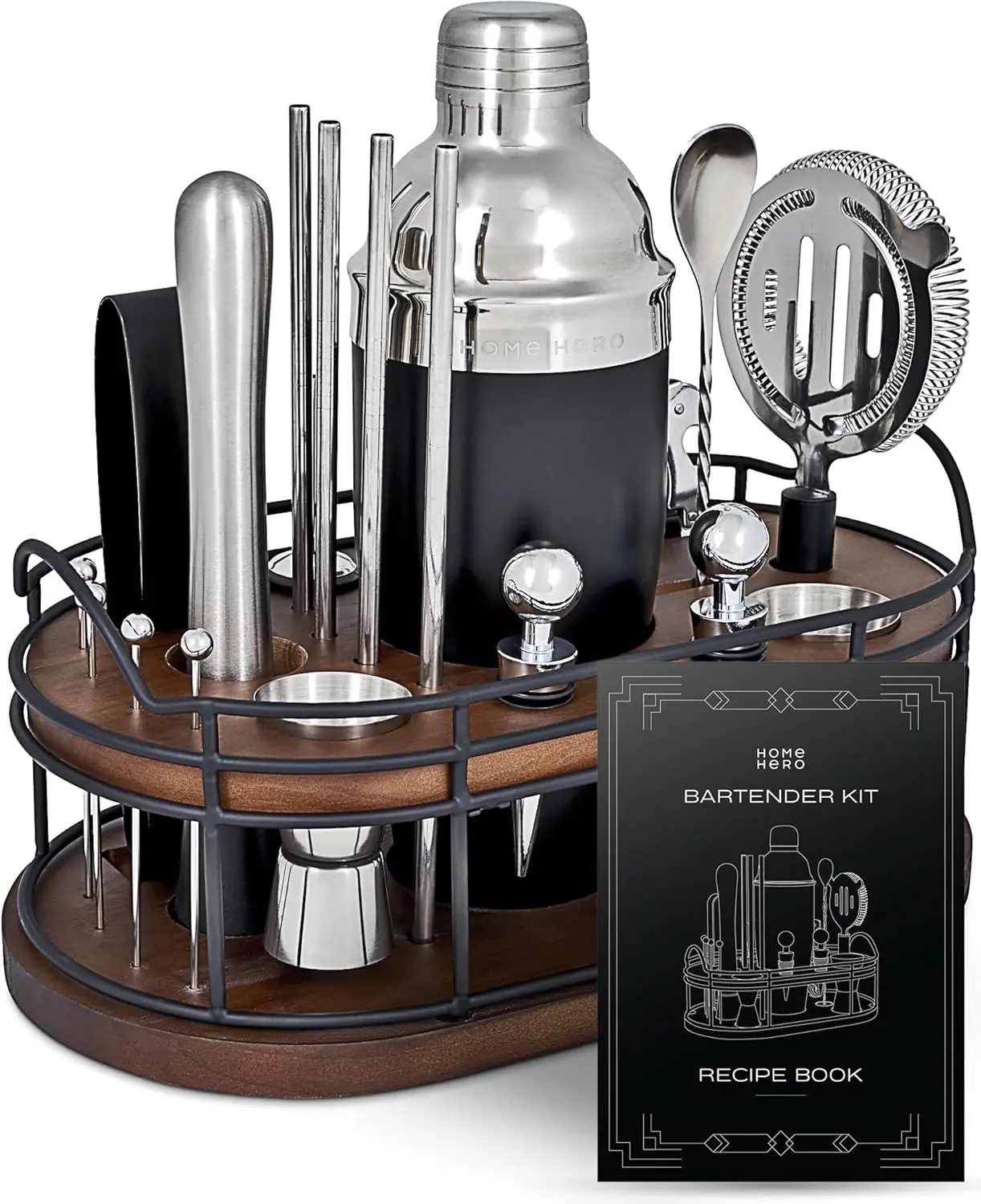 

22-Piece Cocktail Shaker Set with Wooden Stand - Premium Bar Tools for Home Bartenders, Recipe Book & Housewarming Gifts