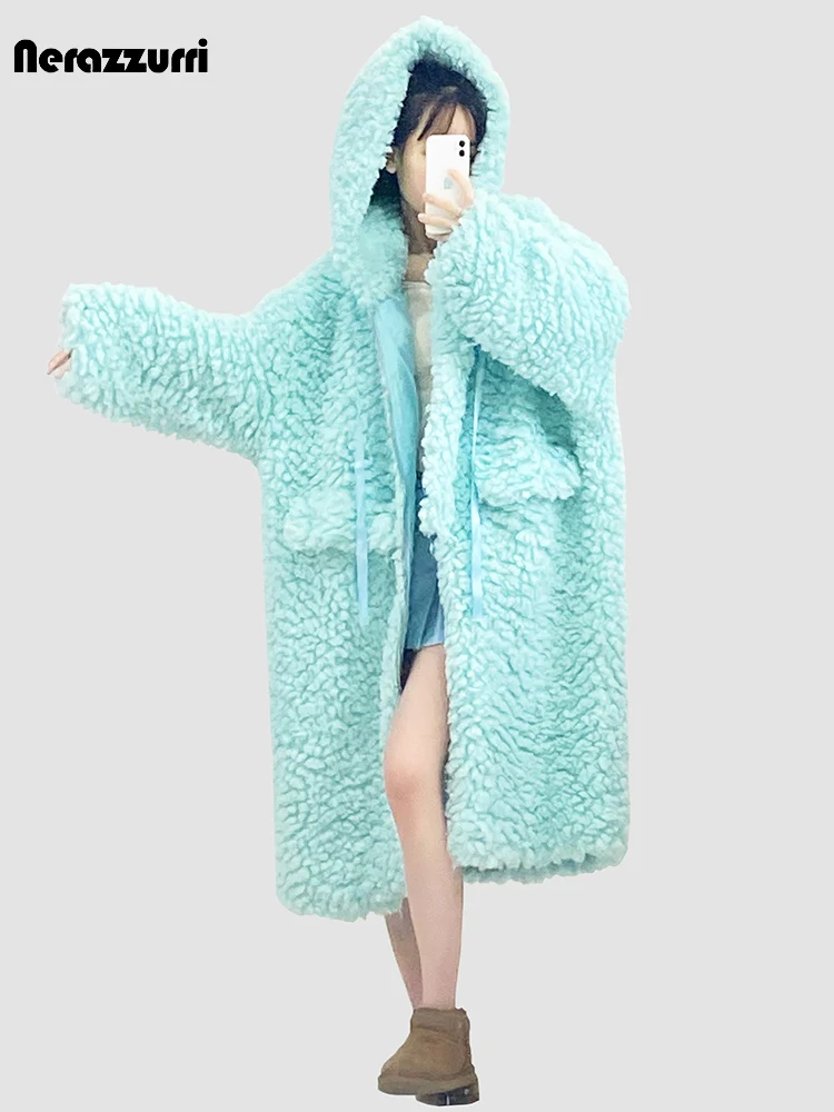 Nerazzurri Winter Long Oversized Thick Warm Cute Sweet Lovely Bright Blue Fuzzy Fluffy Faux Fur Coat Women Sashes Furry Overcoat