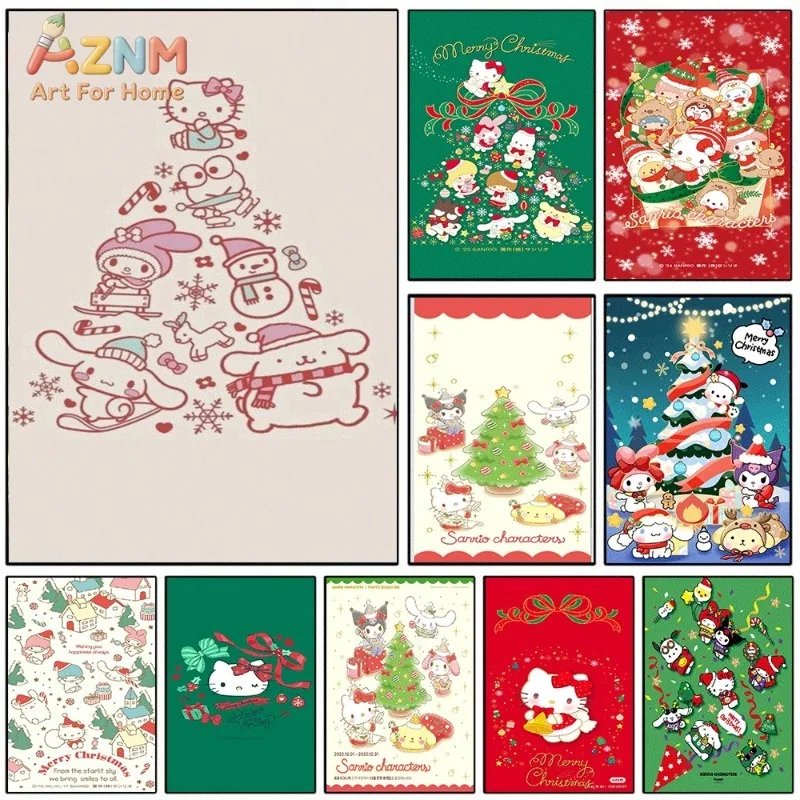 Sanrio Characters Form Christmas Tree Outline Cute Cartoon Canvas Wall Art Unframed Canvas Poster Print for Kids Bedroom