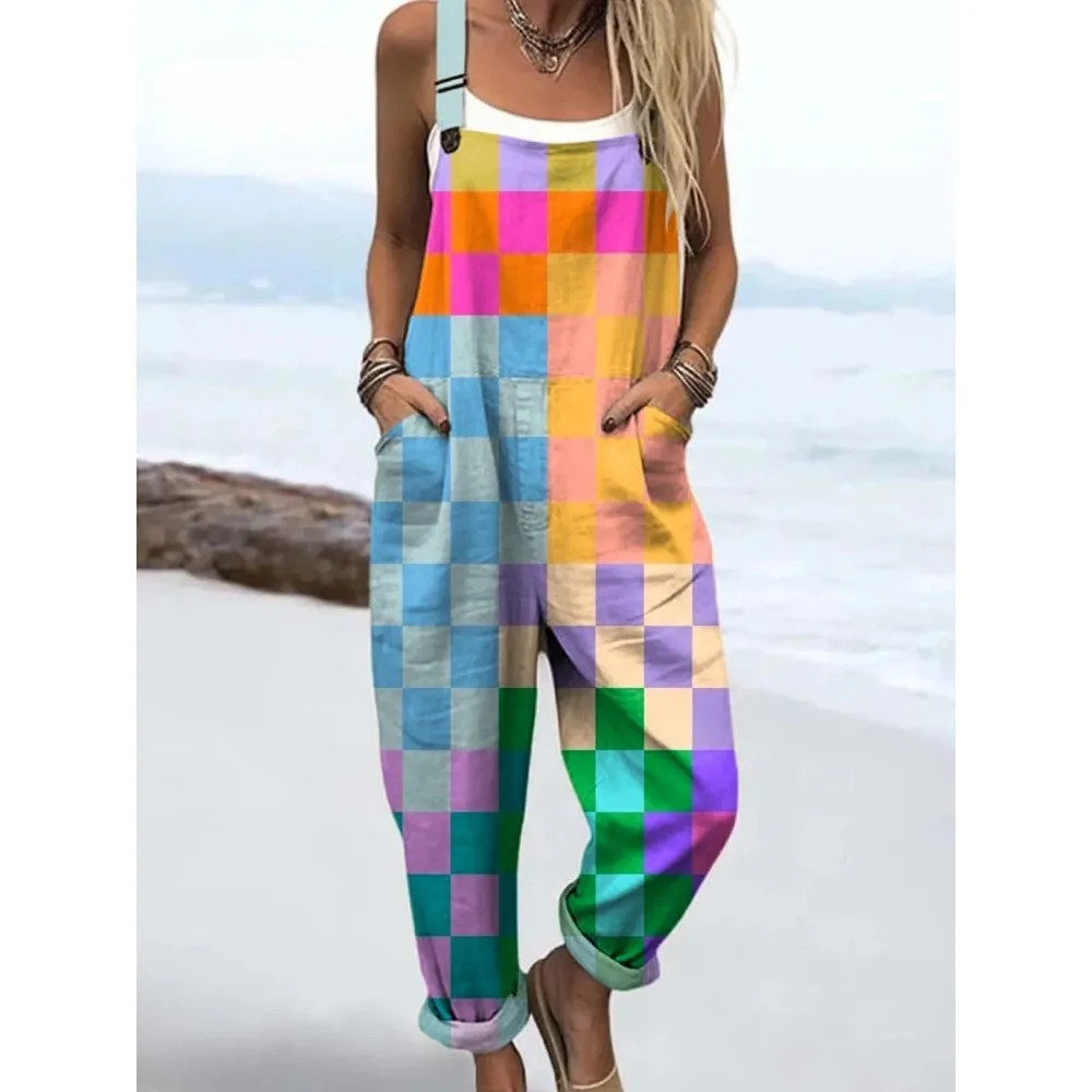 จั๊มสูทผู้หญิงลายทางและสีตัดกัน สายปรับได้ เหมาะสำหรับชายหาดและวันหยุดฤดูร้อน กางเกงขายาวลายทางน้ำหนักเบา สวมใส่สบายๆ