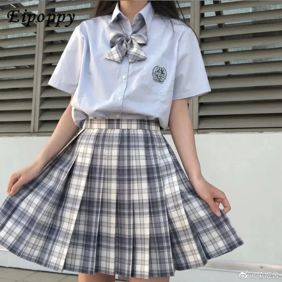 Japanese School Korean School Girls Uniform Pleated Skirts Uniform High Waist A-Line Plaid Skirt Sexy JK Uniforms Woman Full set