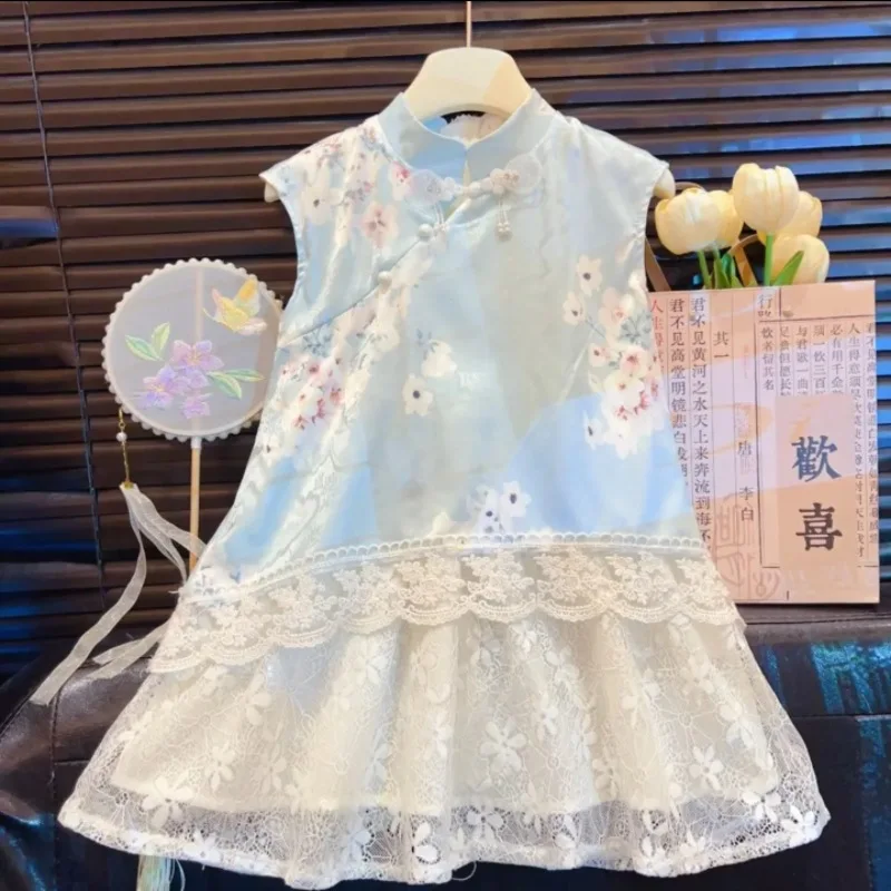 Chinese-style girl princess dress, new summer Hanfu dress for girls, cheongsam dress, summer new Chinese-style mesh tank dress