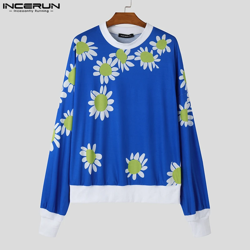 2024 INCERUN Men Casual Lantern Long Sleeve Hoodies Floral Printing Elegant Pullovers Loose Colorblock Jumpers Round Neck Coats