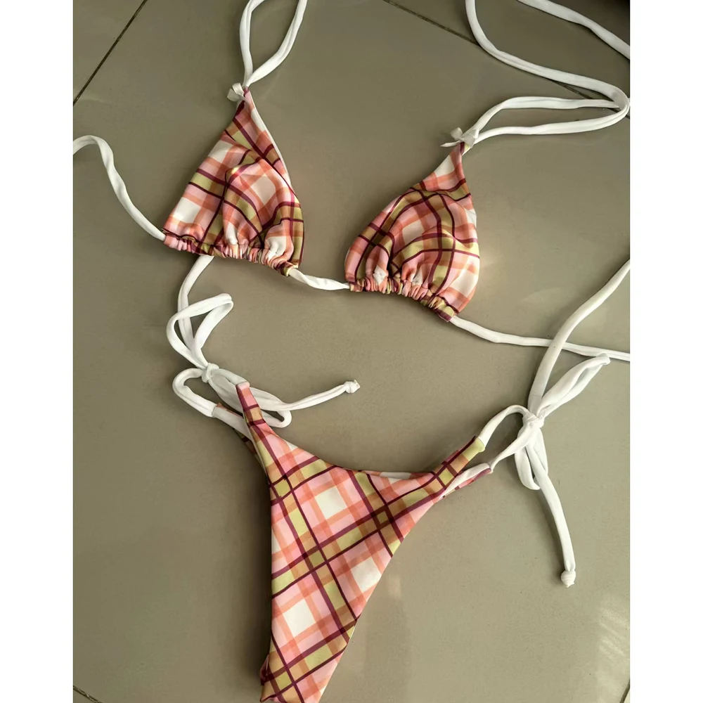Micro Bikinis 2026, Traje de Baño Sexy para Mujer, Push-Up, Estampado a Cuadros, Conjunto de Bikini, Traje de Baño, Ropa de Playa Femenina