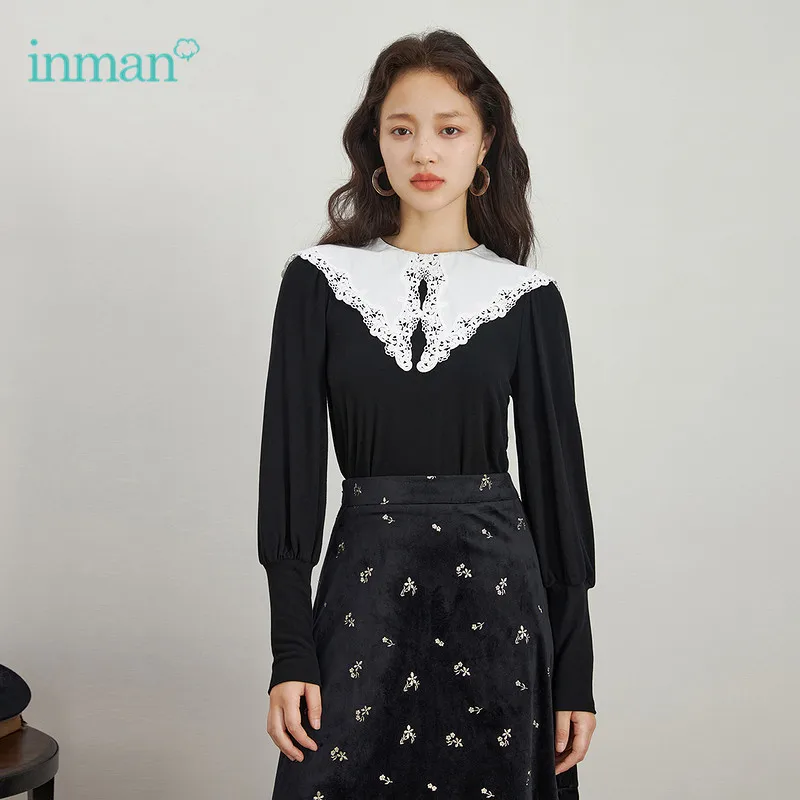 INMAN Pullover T-shirt Women Tops Lace Hollow Shawl Collar Shirts Elegant Long-sleeve Vintage Chic Blouses For Women Clothing