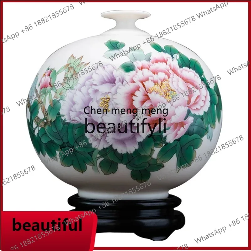 Rich Tianxiang suet jade ceramic hand-painted peony vase, Chinese high-end home decoration ornament gifts X