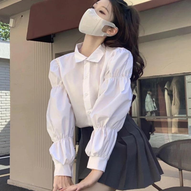 Korean Version New Loose and Fashionable Design White Shirt POLO Collar Long Sleeved Shirt Women's Clothing