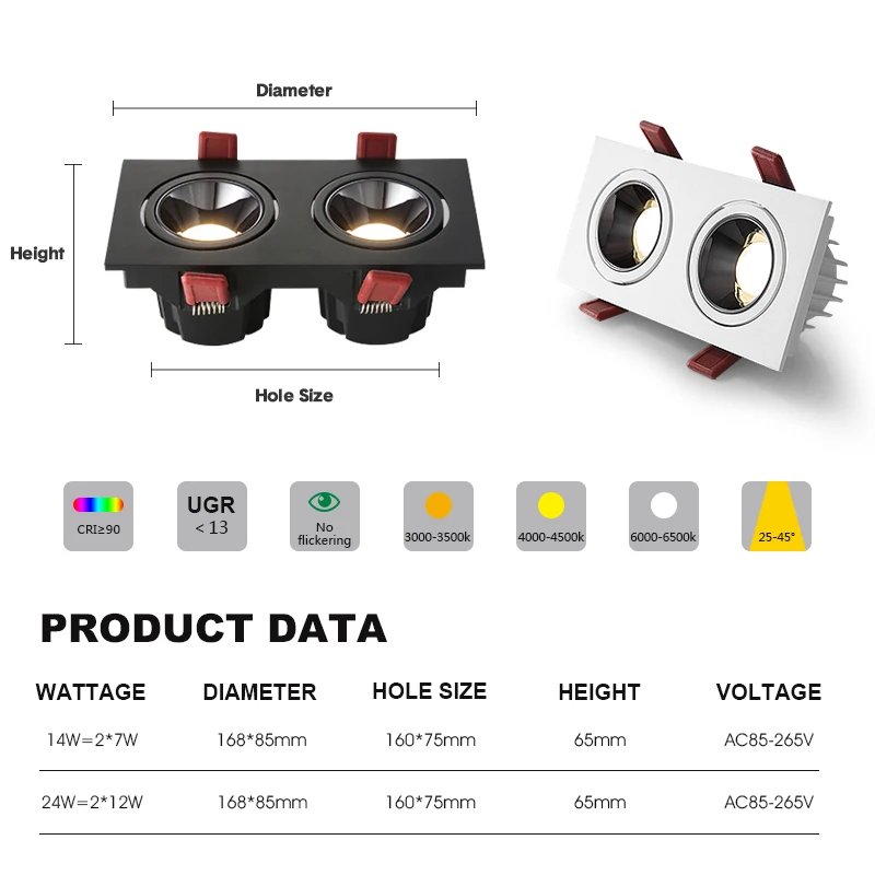 Çift Kafa parlama önleyici Kare LED COB Gömme Downlight 14W 24W LED Tavan Spot Işık Mutfak Oturma odası Kapalı led Spot