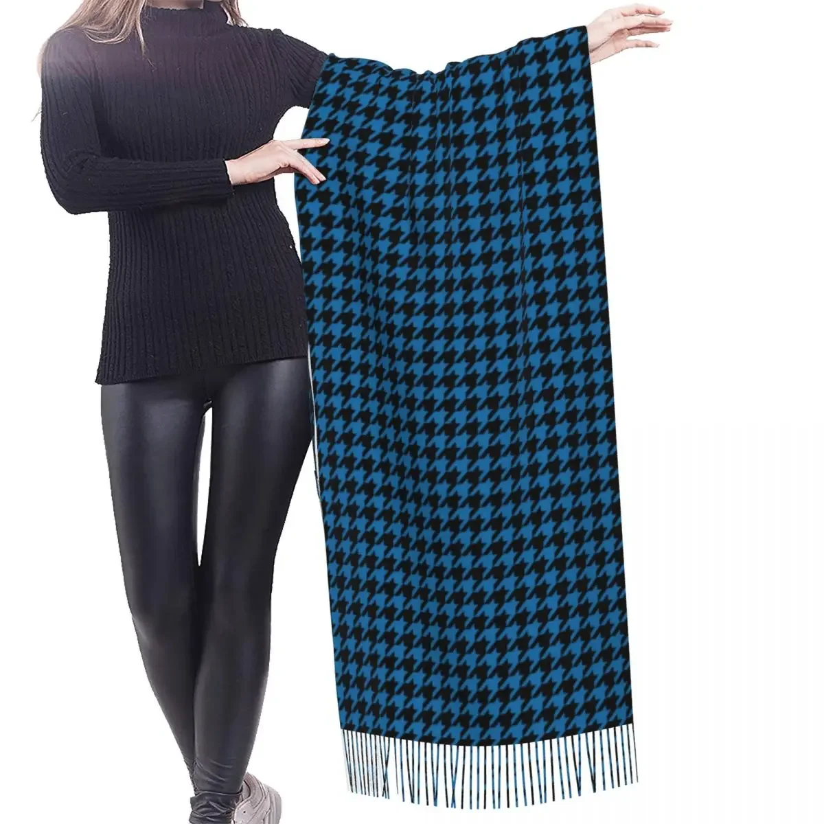 Custom Dames Lange Mode Blauwe Houndstooth Geruit Patroon Sjaals Vrouwen Winter Herfst Zacht Warm Kwast Sjaal Wrap Morden Sjaal