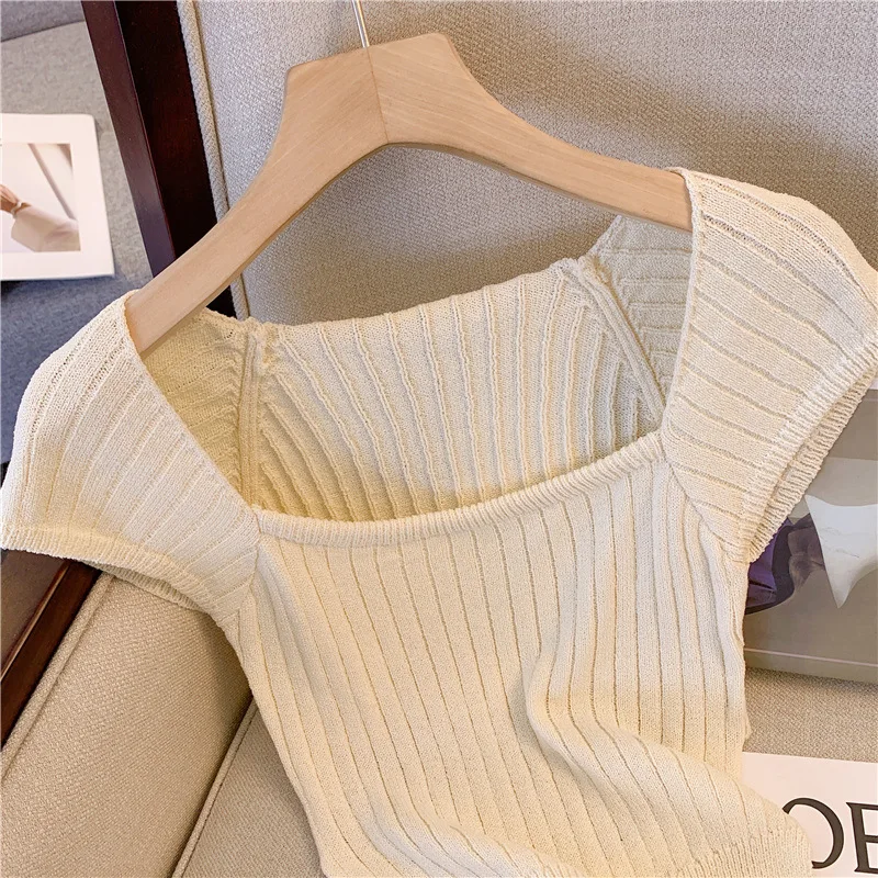 White square neck lace-up sweater summer 2024 new design sense niche short slim short sleeve blouse female