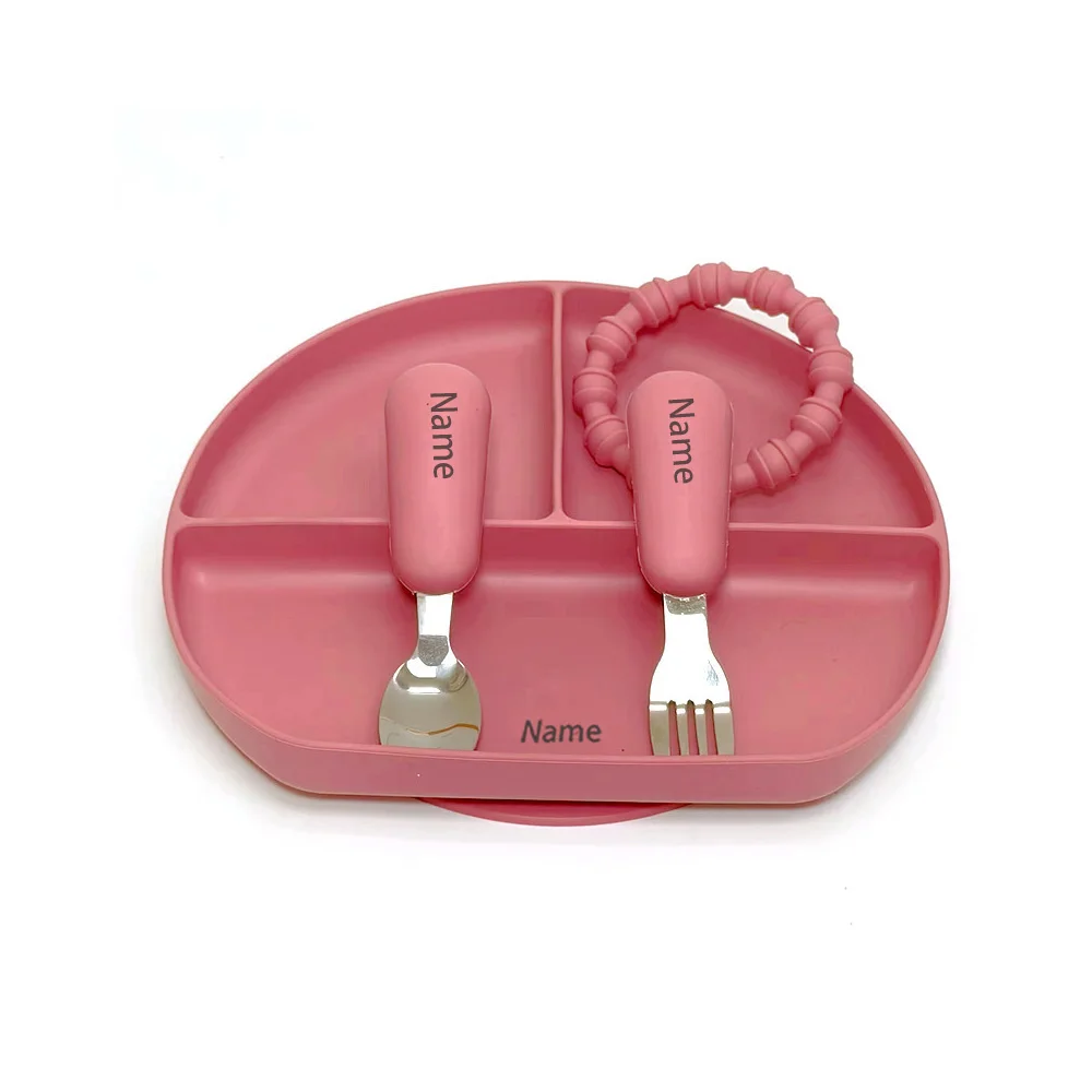 Silicone Children's Tableware Set with Free Name Printing Feeding Bowl Fork Spoon Meal Training Kit Holiday Gift for Kids