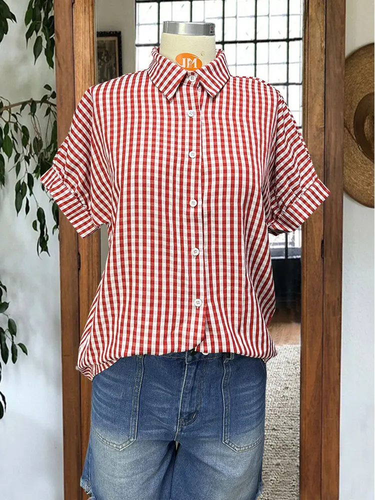 Check Dolman Sleeve Top Red Linen Drop shoulder Balloon sleeves Blouse Shirt Jacket Boxy Notched Lapel Collar Shirts