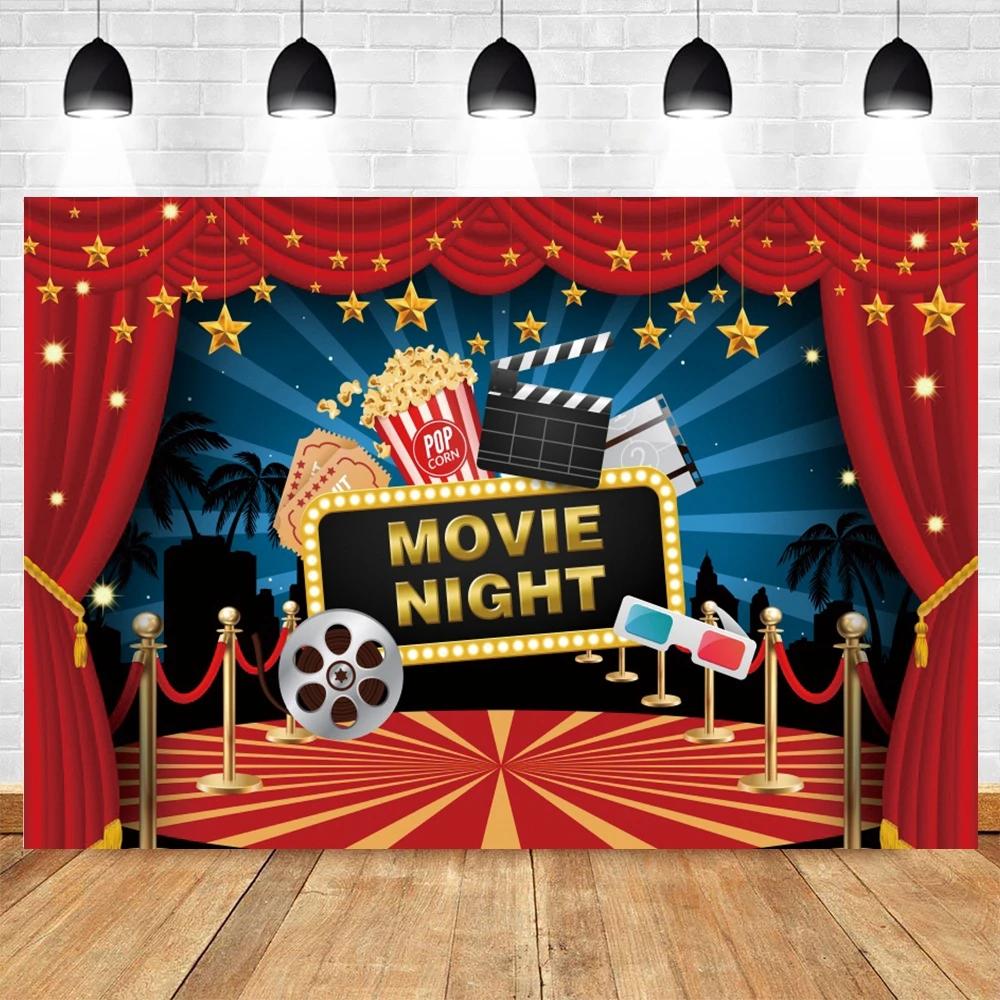 Cinema Movie Night Theme Photography Backdrop Red Carpet Popcorn Film Event Star Casino Poker Birthday Party Photo Background