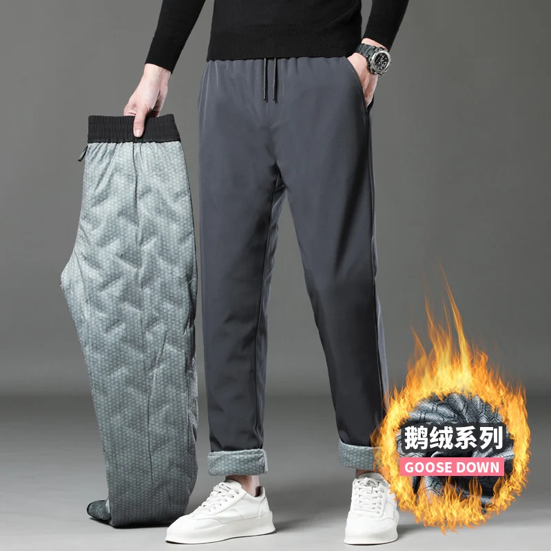 

Зимние мужские брюки на гусином пуху с эластичной резинкой на талии, верхняя одежда, морозостойкие повседневные пуховые брюки, новые зимние утолщенные теплые прямые брюки