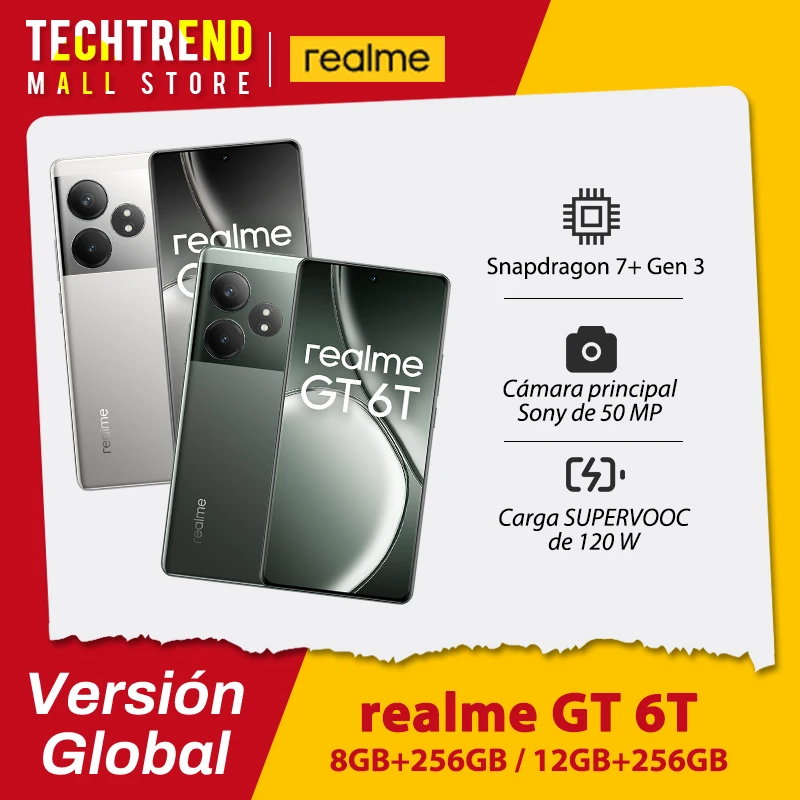 Global Version realme GT 6T 5G Smartphone 6000nit Hyper Display 120W SUPERVOOC Charge Snapdragon 7+ Gen 3 5500mAh Battery 50MP