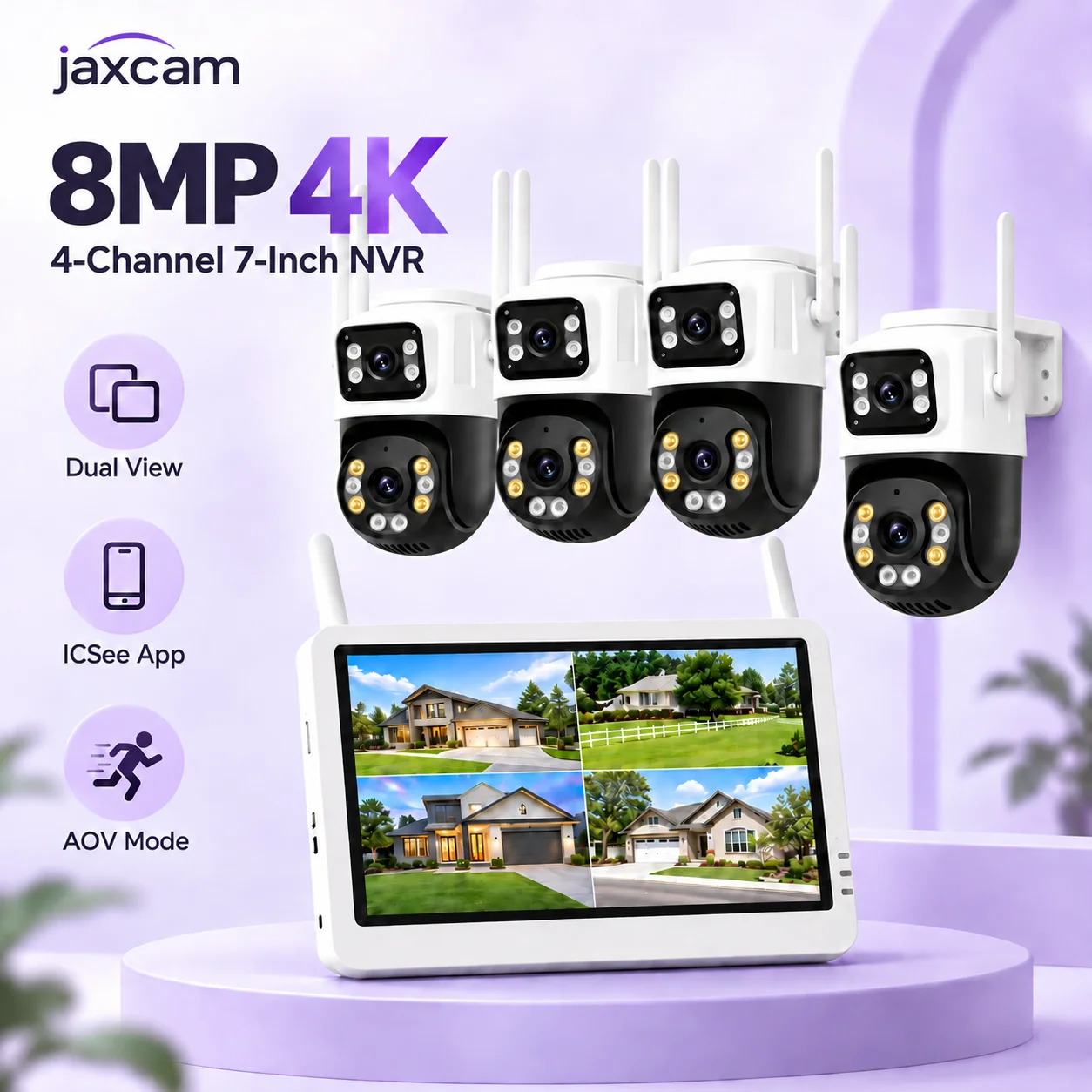 8MP Dual Lens 7-Inch LCD Screen 4CH NVR  Video Wireless  WIFI Camera  Recorder Home Auto Track Security Camera System Surveillan