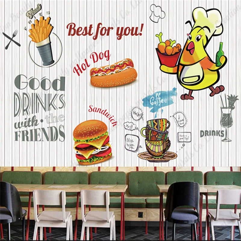 Hand Painted Fast-food Burger Fried Chicken Wallpaper Industrial Decor Mural Snack Bar Restaurant Wall Paper Papel De Parede