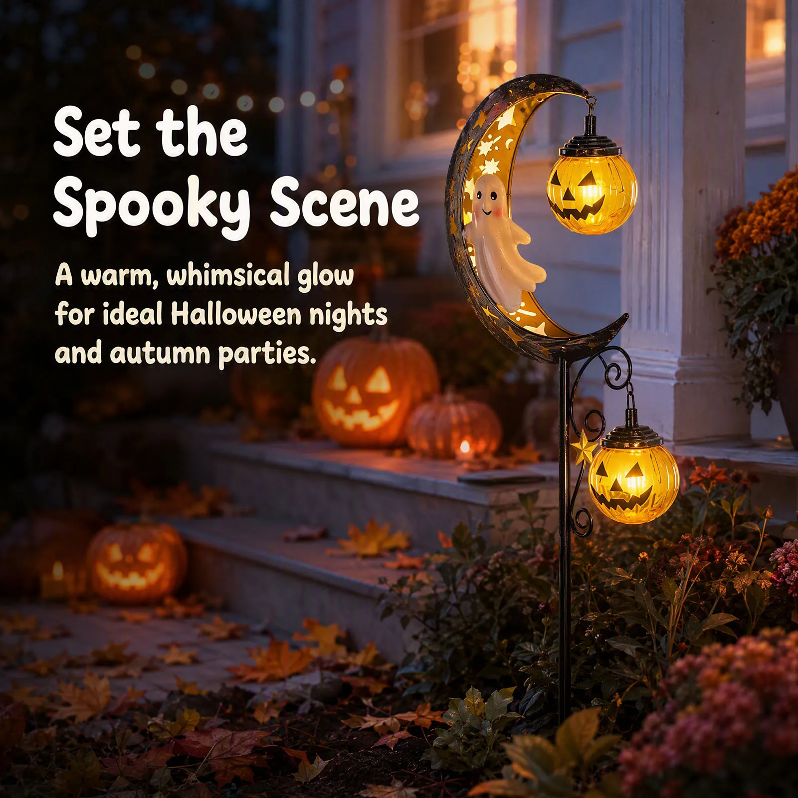 Solar Powered Halloween Moon Skull Ghost Stake Light Garden Lawn Pathway Outdoor Fall Decor Warm Glow