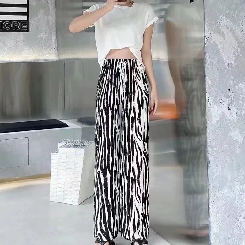 Retro Style Chessboard Grid Drawstring Street Casual Summer New Women High Waist Casual Ice Shreds Elastic Waist Loose Trousers