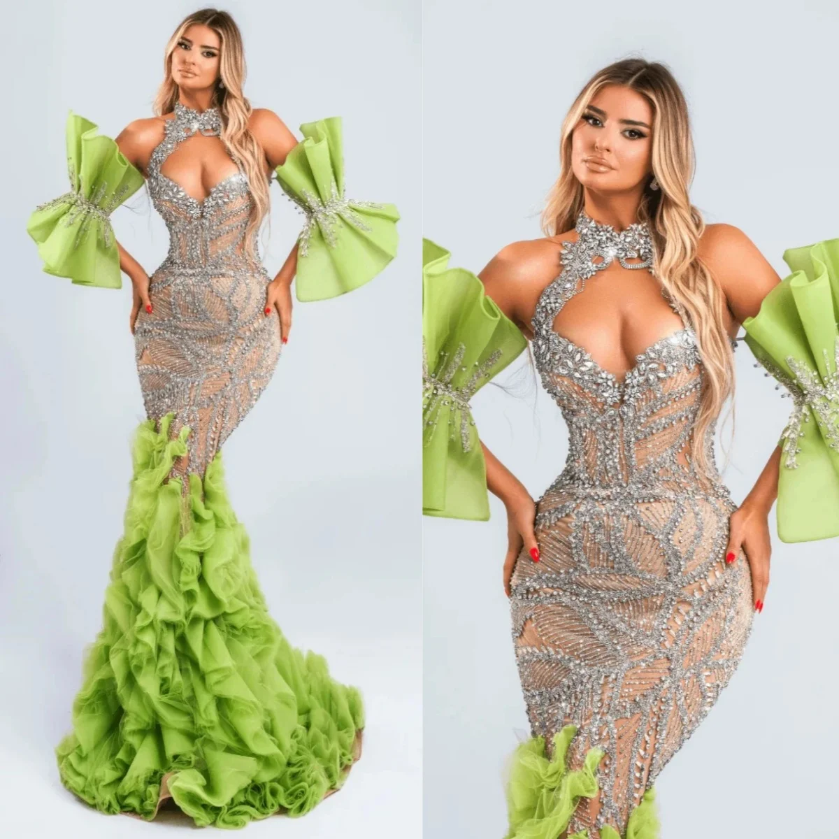 

Elegant Beading Crystal Evening Dresses Customized Fashion High Neck Prom Dress Floor Length Ruffle Mermaid Party Gown