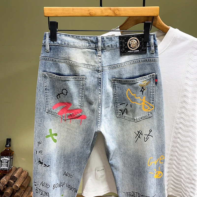 Hoge Kwaliteit Blue Jeans Heren Mode Street-Hop Persoonlijkheid Groene Brief Print Punk Stijl Jeans Stretch Slim Versie