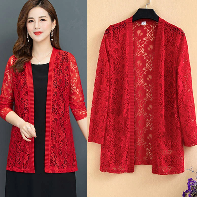 Female Long-sleeved Sun Protection Clothes Air Conditioning Shirts 2024 Summer New Women Loose Openwork Lace Cardigan Thin Coat