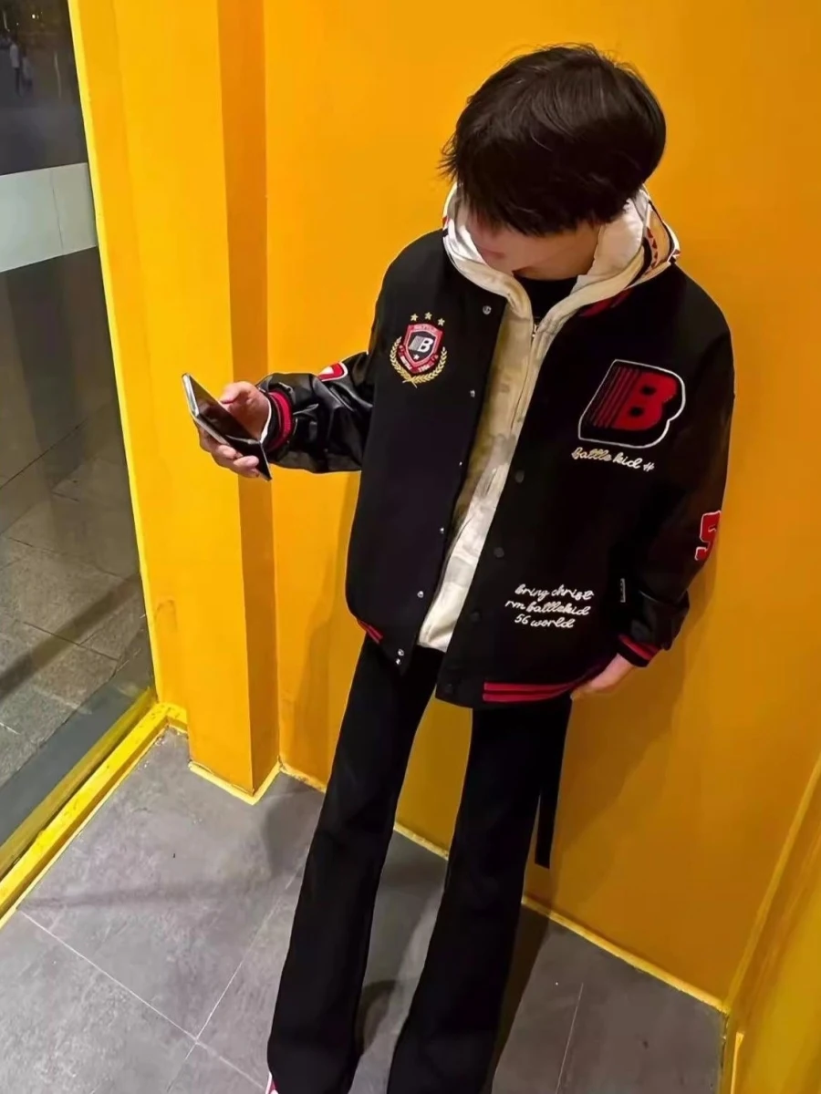 

Американский Хай-стрит Хип-Хоп Бейсбольный Джет Мужская осенне-зимняя верхняя одежда Лоскутная летная куртка-стойка Молодежная мода