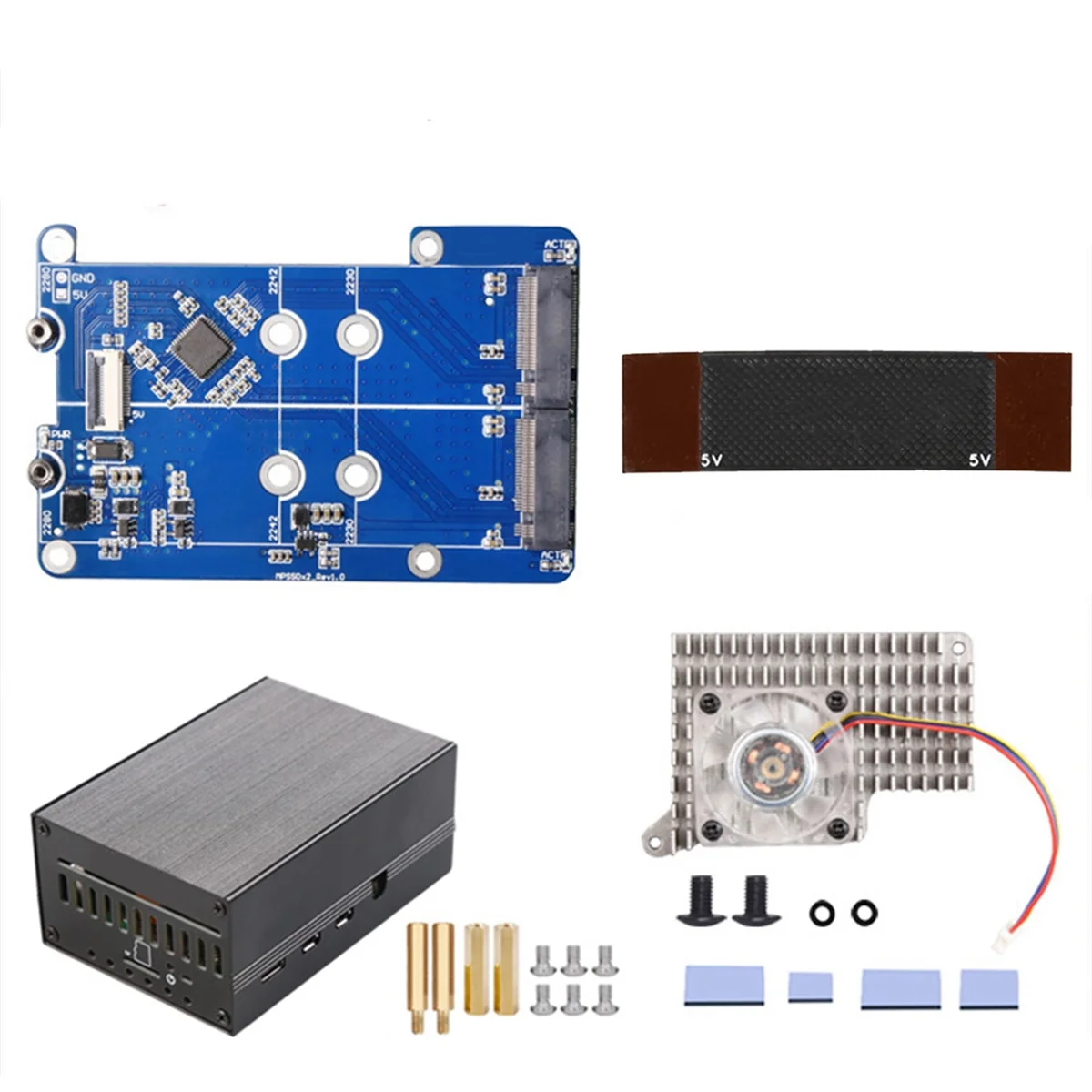 Новый охлаждающий вентилятор MPS2280D + корпус + Pi5 для Raspberry Pi 5 PCIE-M.2 Dual NVME SSD HAT Поддержка 2280/2242/2230 SSD