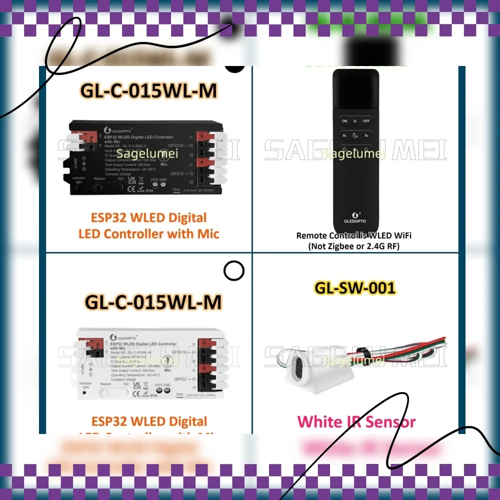 

Светодиодный контроллер GL-C-015WL-M с микрофоном, адресный контроллер WLED ESP32 для WS2812B SK6812 WS2811 TM1814 WS2813/2815 GL-RC-001WL