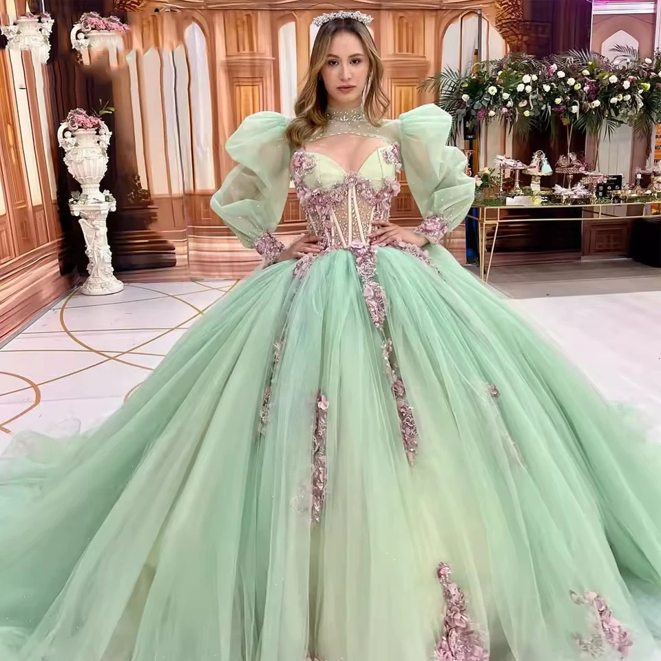 Customized Sage Green Tulle Ball Gown Quinceanera Dress With Jackets Lace Appliqued Sweet 15 Dress Vestido De 15 Quinceañera