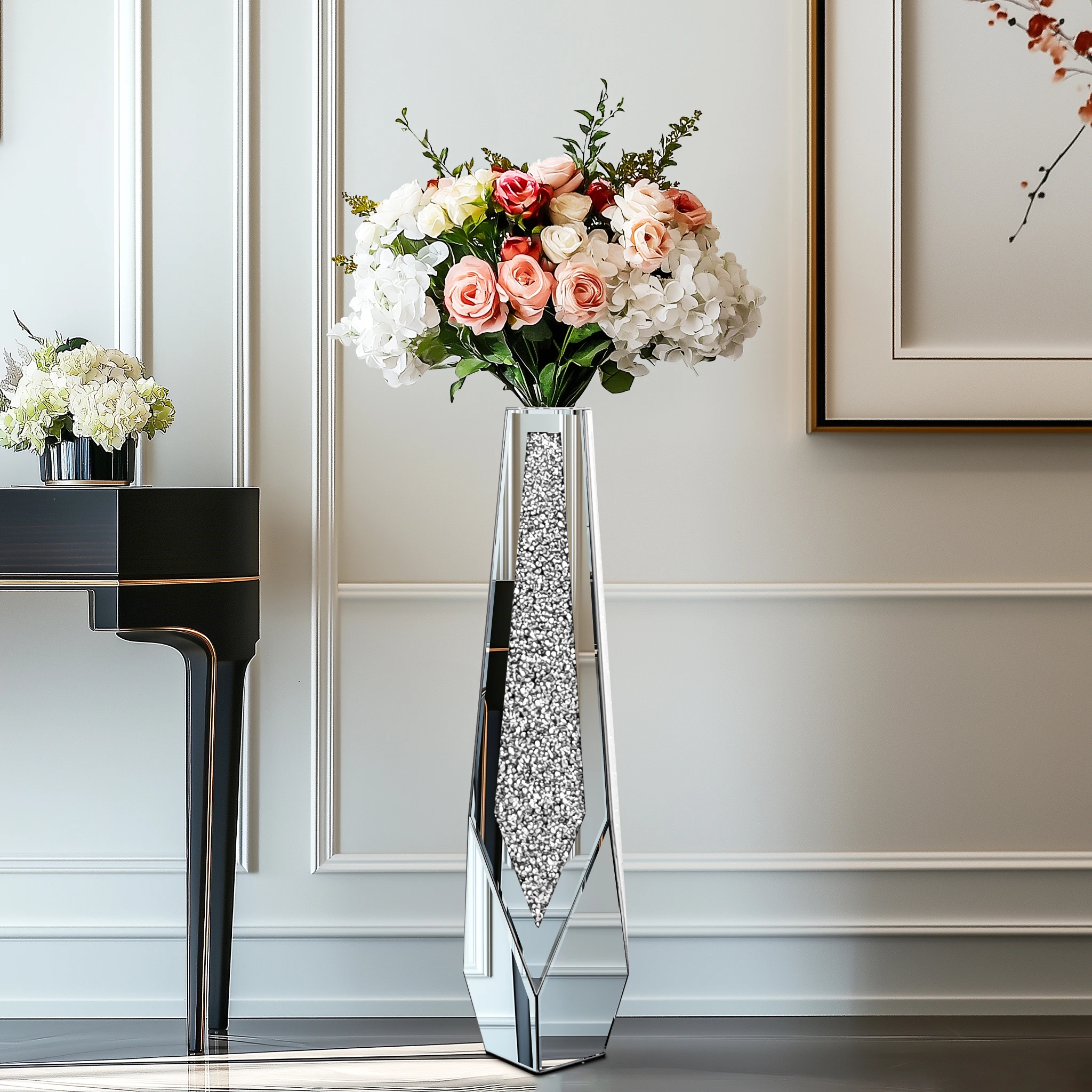 Crushed Diamond Mirrored Floor Vase Silver Floral Arrangement Crushed Diamond Decorative Flower Container