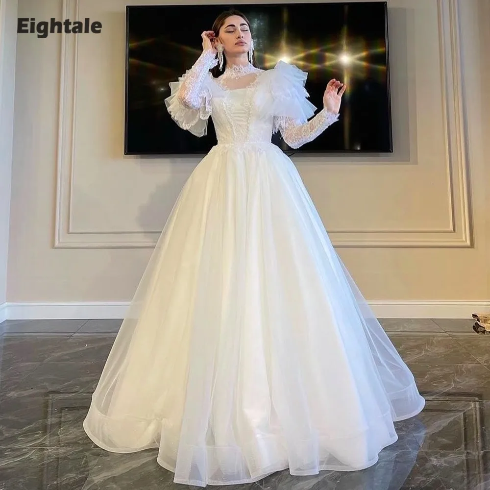 

Eightale Arabic Wedding Dress High Neck Customized Ivory Lace Long Sleeves Muslim Bridal Gown A-Line Bride Party Dress
