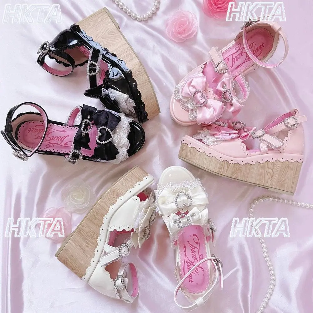 

Japanese Mass Produced 2026 Summer New Ancient Sweet Lace Bow Rhinestone Leak Finger Wedge Platforms Shoes Lolita Sandals Women