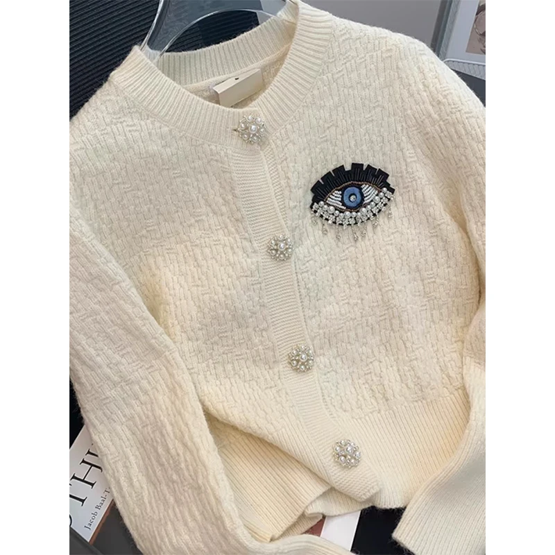 Embroidery Evil Eye Knit Cardigan Sweater Women Autumn Winter Long Sleeve Coat Tops High Quali Luxury Designer Brands Clothing