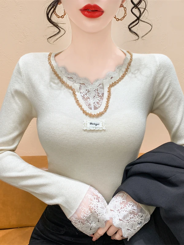 เสื้อสเวตเตอร์ถักไหมพรมคอวี แต่งลูกไม้หนัก แขนยาว ทรงเข้ารูป สำหรับผู้หญิง ฤดูใบไม้ร่วง ฤดูหนาว เสื้อชั้นใน