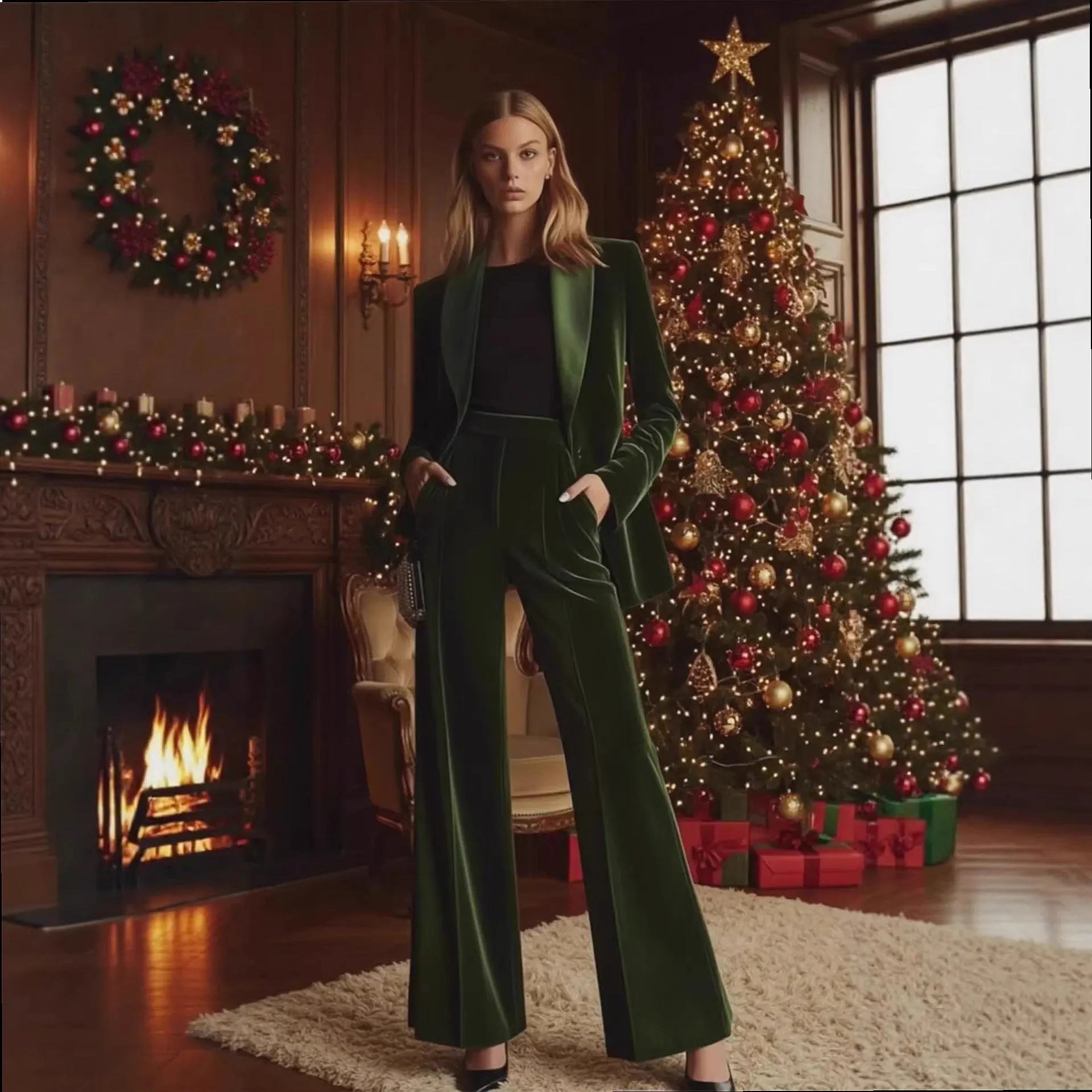 Women Velvet Blazer Pants Matching Set Office Lady Suits Trousers Two Piece Outfits Spring Summer