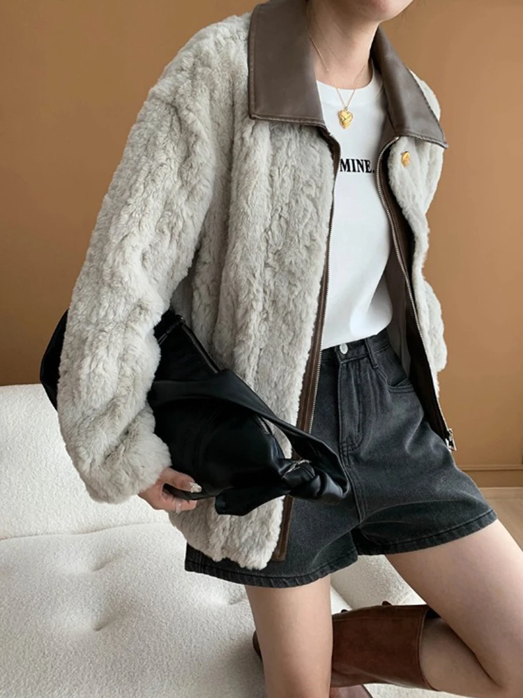 [LANMREM] Spliced Contrast Color Faux Fur Coat For Women Lapel Zipper Long Sleeve Fashion Tops 2024 Autumn New Jackets 26C116