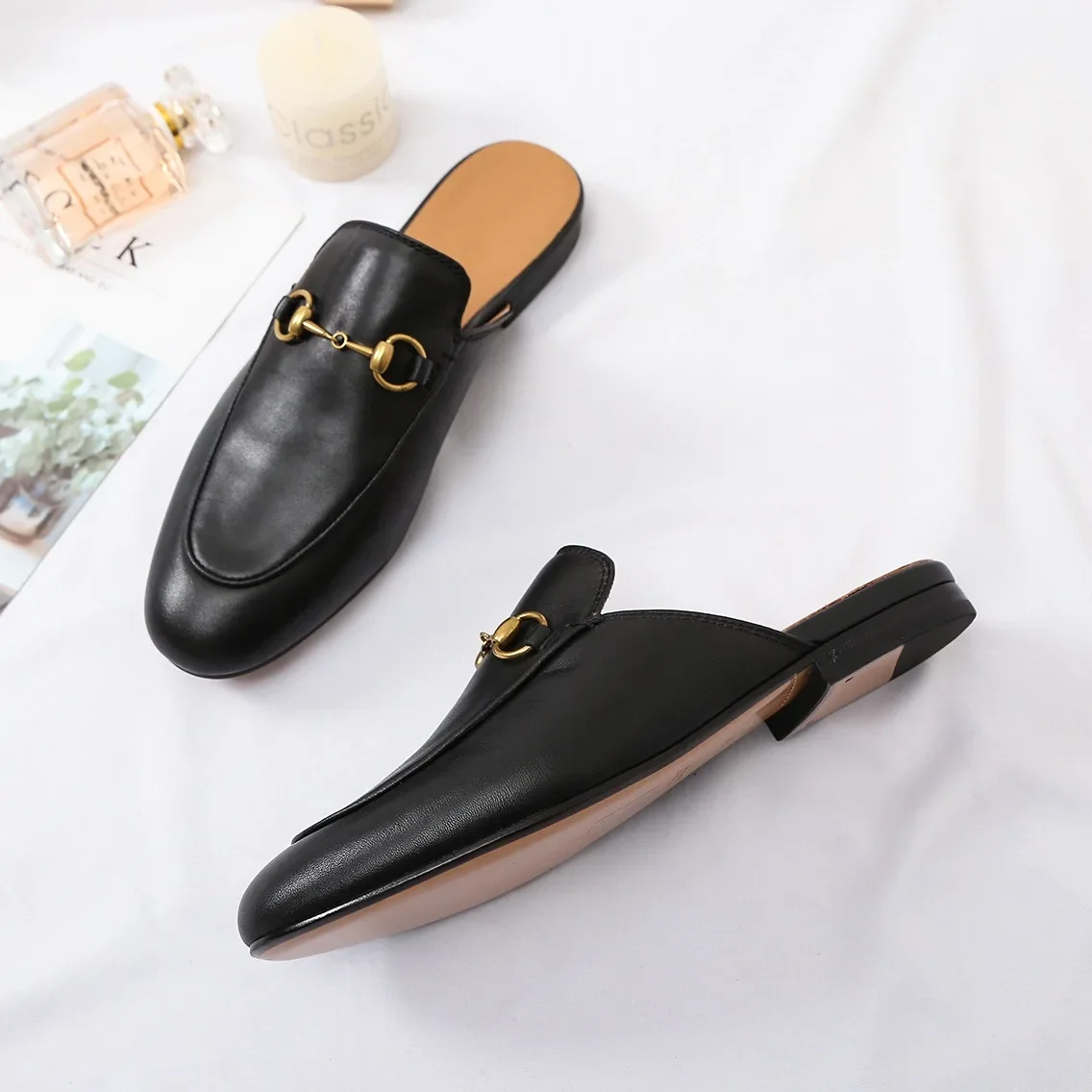 T.L Swift Full leather Muellers horse buckle half slipper leather bag toe slipper Flat women\'s summer metal buckle loafers