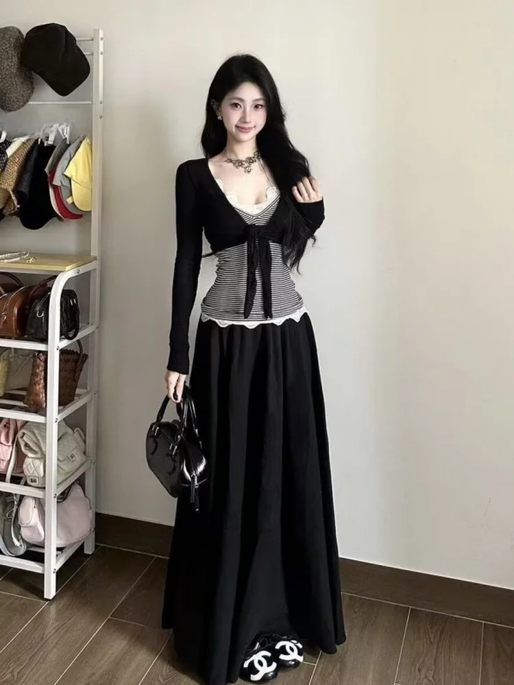 

Korean Style Slimming Stripe Top And Skirt Set Spring Summer Fashionable Women's High Waist Long Sleeve V-Neck Short Length