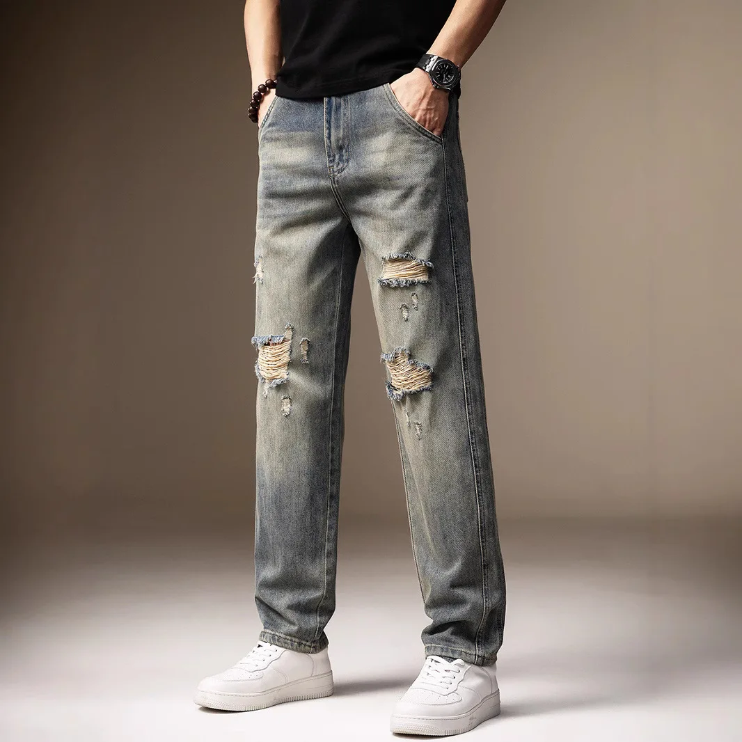 American Style Vintage New Fashion Men Washed Cotton Simple Basic Casual Daily Basic Straight Jeans Pants Male Trousers Clothes