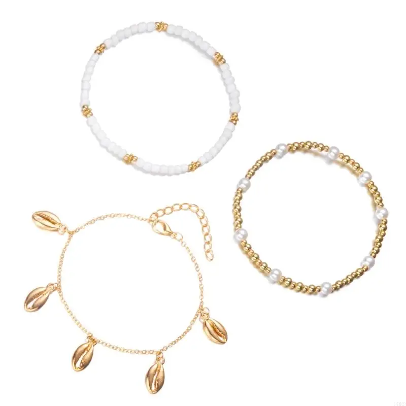 CORD Layering Stackable Anklet For Women With Shell Beads Summer Beach Jewelry Alloy Faux Pearls Seaside Accessory